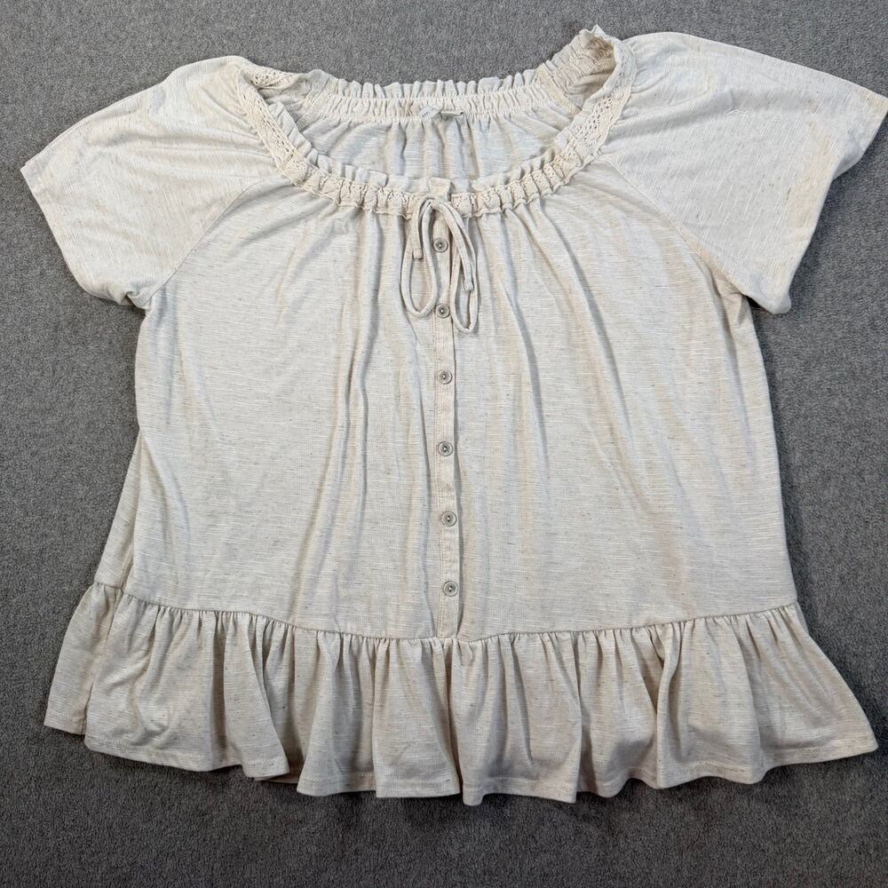 Cato Women's Large Beige Short Sleeve Peasant Blouse Ruffled Hem Button Front